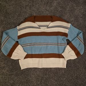 SHEIN Brown and Blue Striped V-Neck Sweater